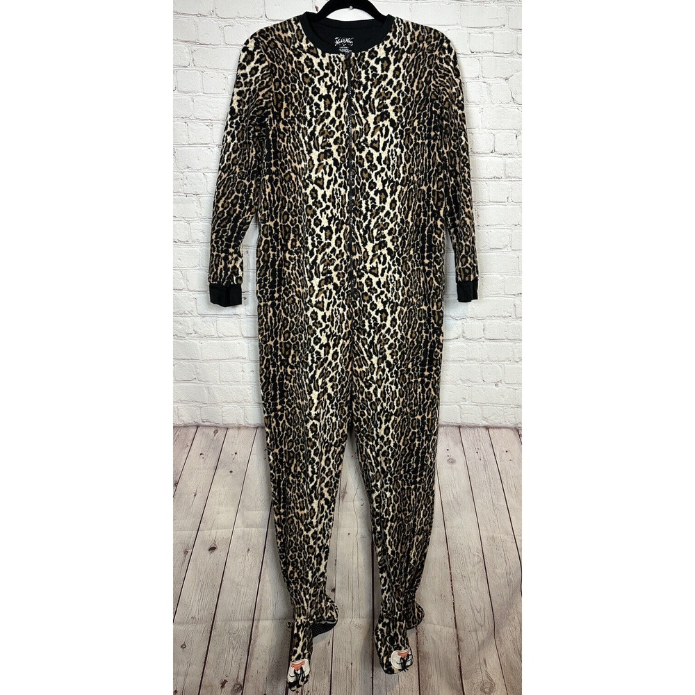 NICK & NORA One-Piece Pajama FOOTIE LEOPARD Cat PRINT Soft Fuzzy,‎ sz S, EUC